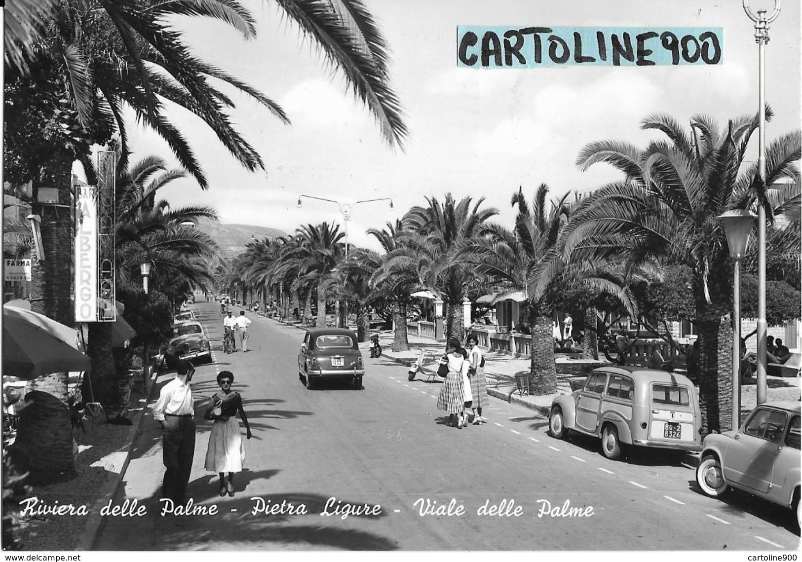 Liguria-savona-pietra Ligure Viale Delle Palme Veduta Persone Albergo Fiat 600 1100 Giardinetta Animatissima Anni 50 - Autres & Non Classés