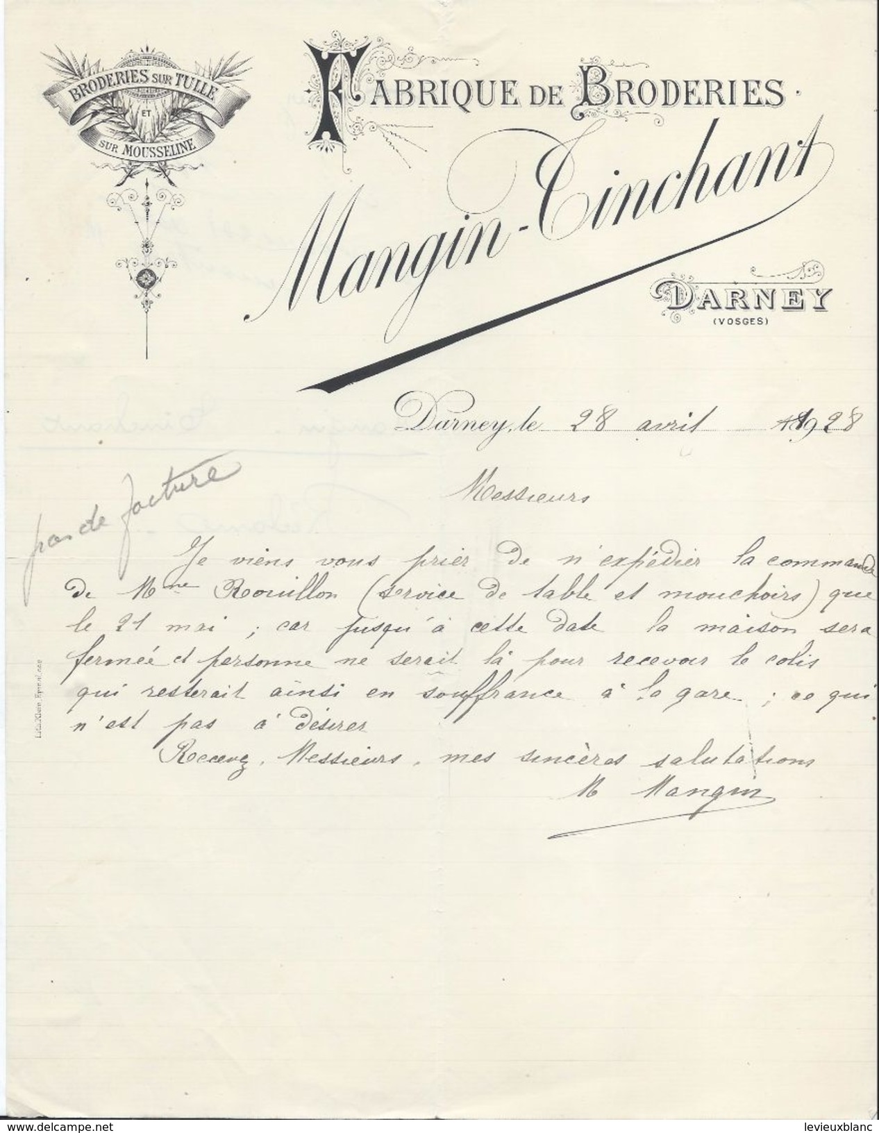 Fabrique De Broderies/Broderies Sur Tulle Et Mousseline/ Mangin-Tinchant/ DARNEY/ Vosges /1928    FACT227 - Textile & Vestimentaire