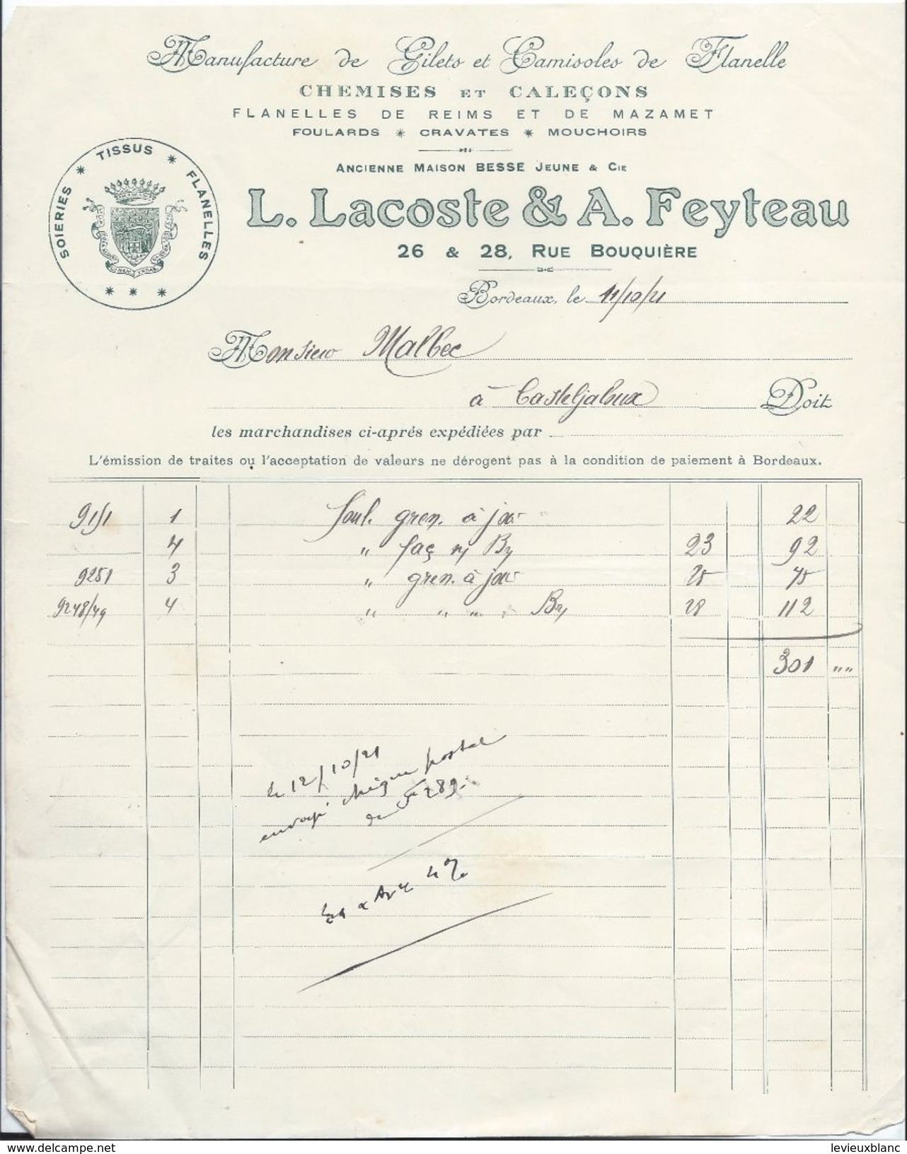 Manufacture De Gilets Et Camisoles De Flanelle/Lacoste & Feyteau/ Rue Bouquiére / BORDEAUX/ 1921    FACT232 - Textile & Vestimentaire