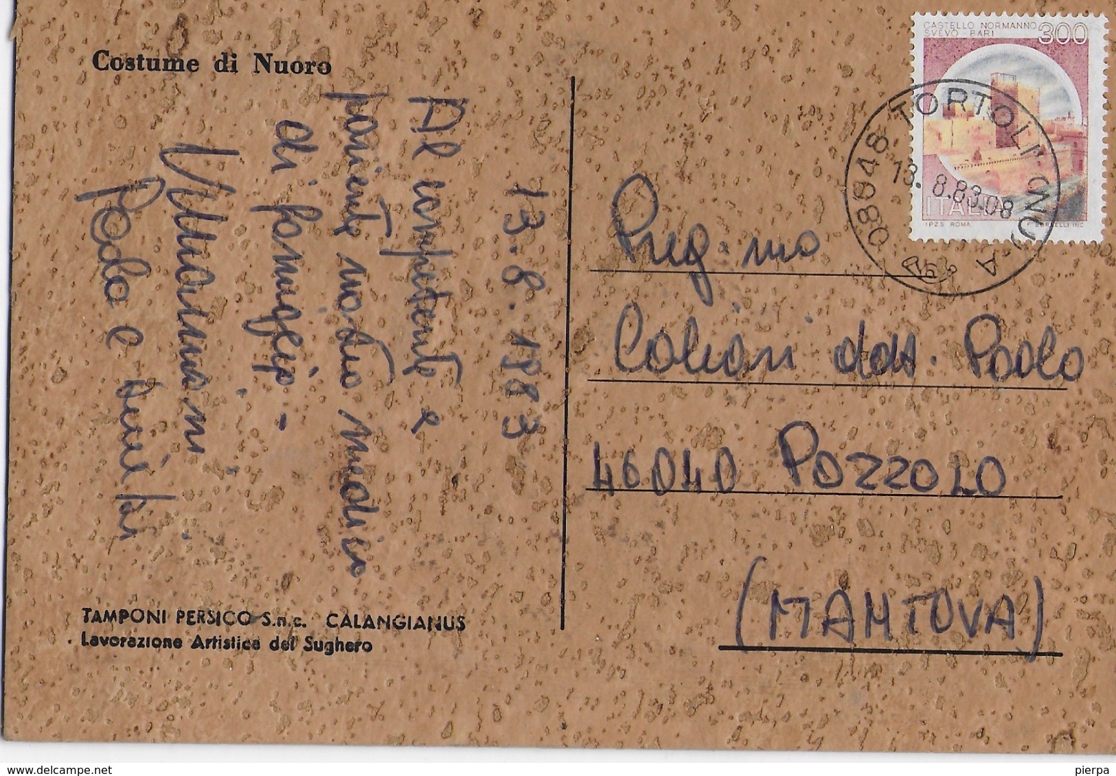 CARTOLINA DI SUGHERO - COSTUME DI NUORO -TAMPONI PERSICO - CALANGIANUS - VIAGGIATA DA TORTOLI'1983 - Altri & Non Classificati