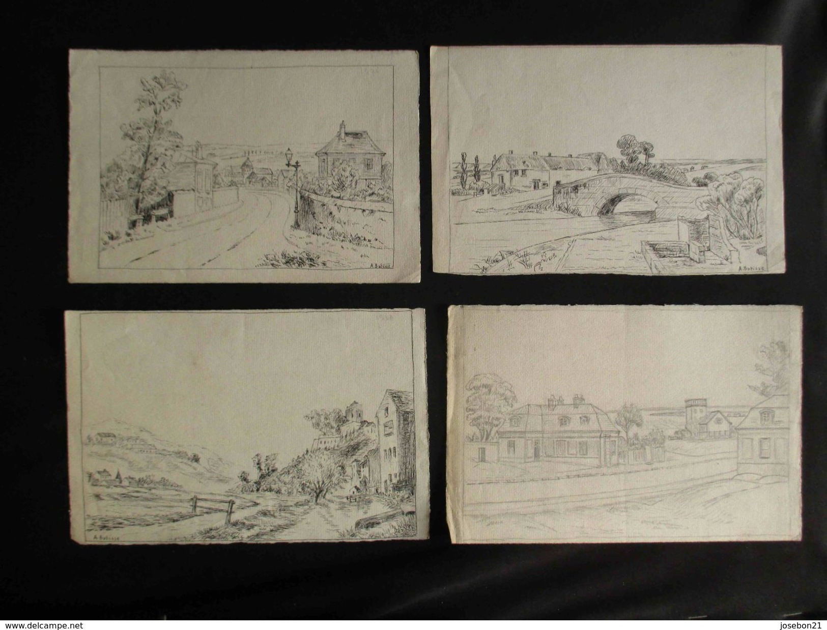 Ancien 4 Paysages De Village à L'encre Noire Et Crayon A Batisse 1935 1936 - Dessins