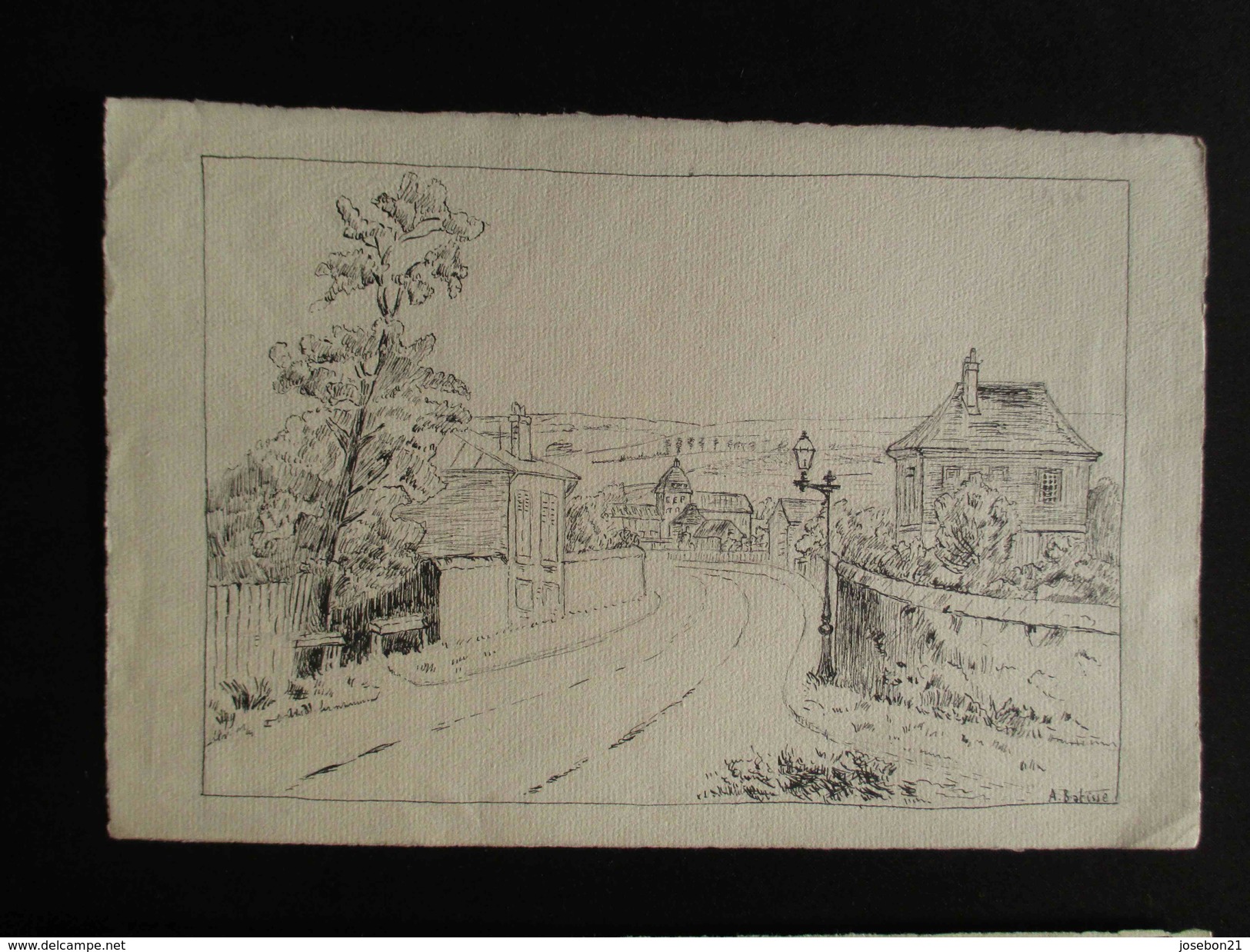 Ancien 4 Paysages De Village à L'encre Noire Et Crayon A Batisse 1935 1936 - Dessins