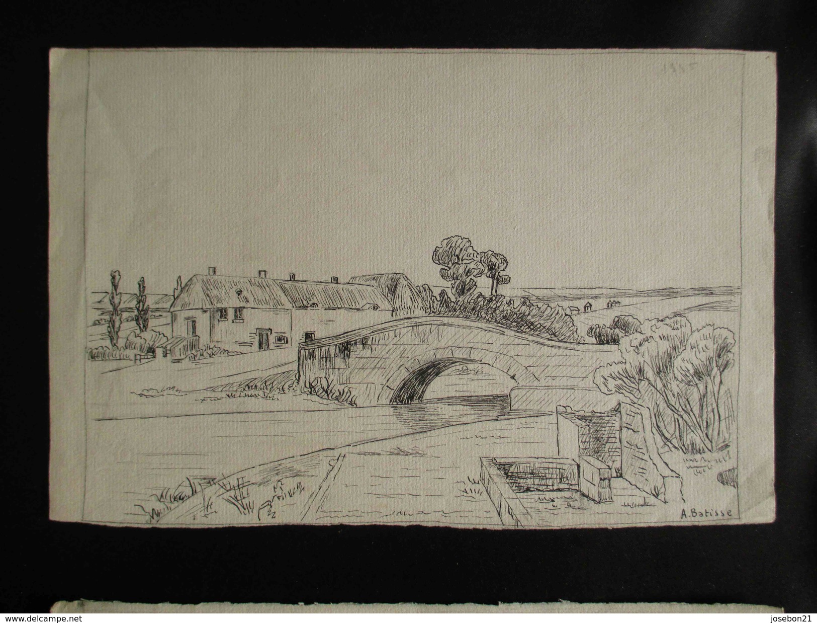 Ancien 4 Paysages De Village à L'encre Noire Et Crayon A Batisse 1935 1936 - Dessins