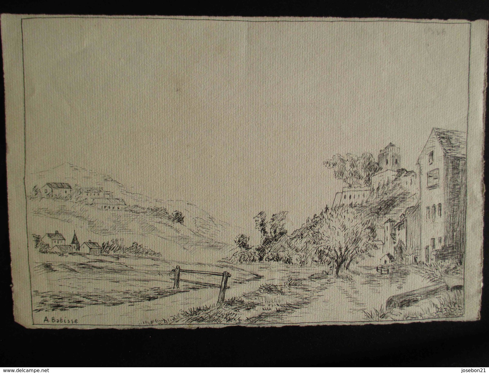 Ancien 4 Paysages De Village à L'encre Noire Et Crayon A Batisse 1935 1936 - Dessins