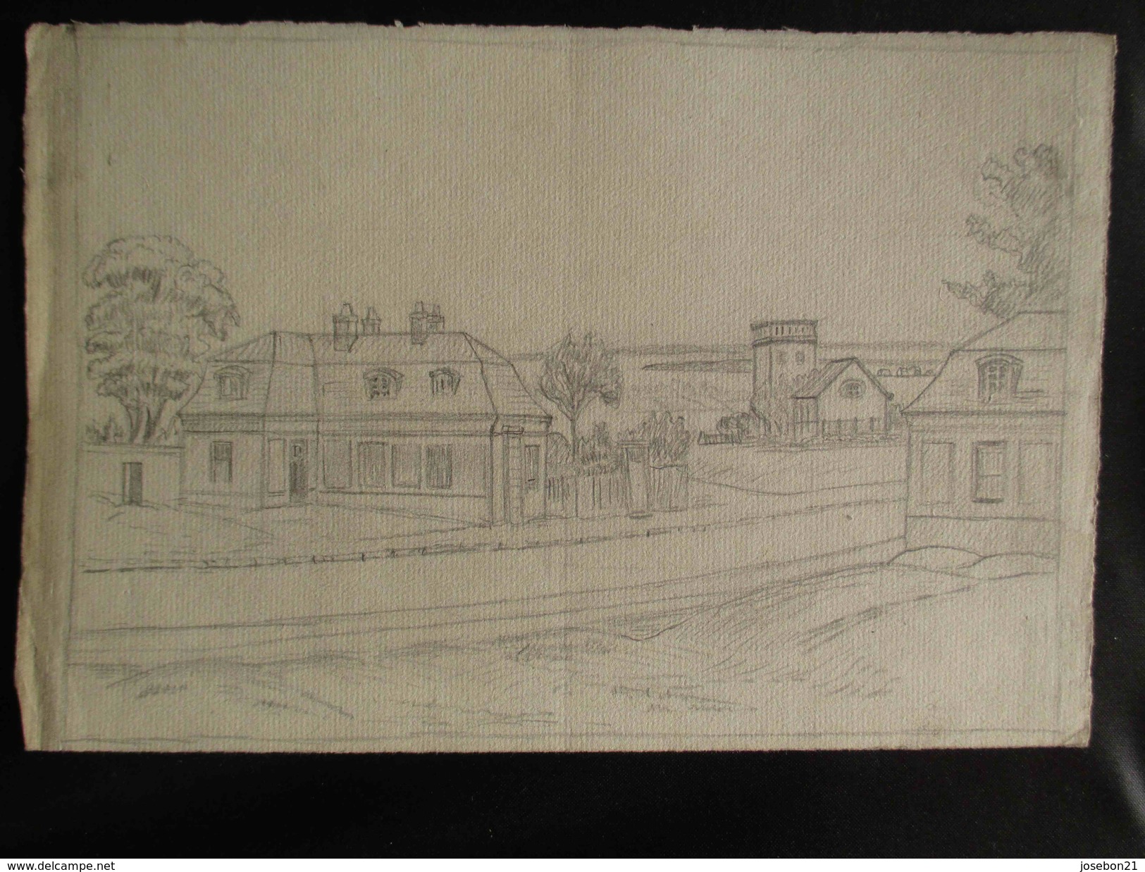 Ancien 4 Paysages De Village à L'encre Noire Et Crayon A Batisse 1935 1936 - Dessins