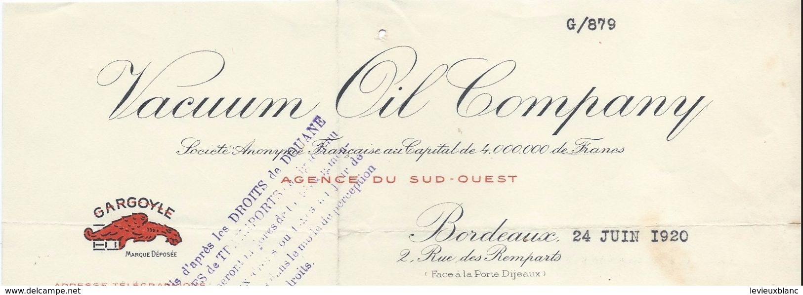 Lubrifiant/ Huiles Industrielles/ Vacuum Oil Company/ Agence Du Sud-Ouest/BORDEAUX/Gironde/1920 FACT230 - Altri & Non Classificati
