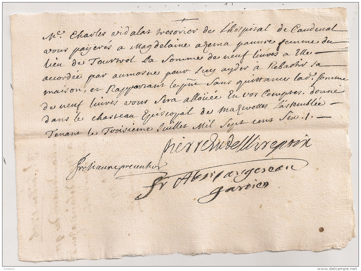 1706 MANDEMENT AUMONE / MAGDELEINE AZEMA TOURTROL ARIEGE / HOPITAL CAUDEVAL / AUTOGRAPHE PIERRE DE LA BROUE EVEQUE MIREP - Documents Historiques