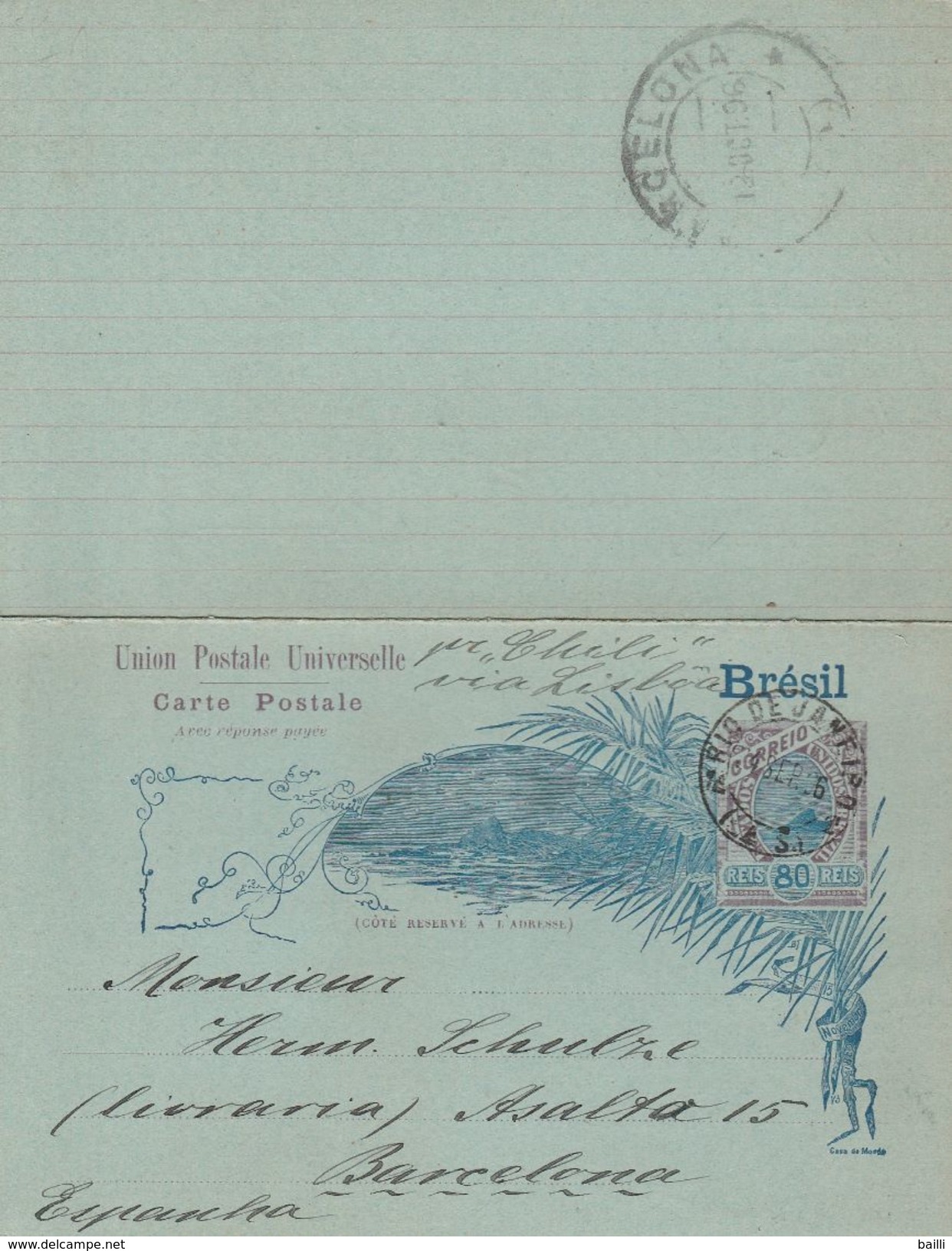 Brésil Entier Postal Illustré Double Pour L'Espagne 1896 - Entiers Postaux