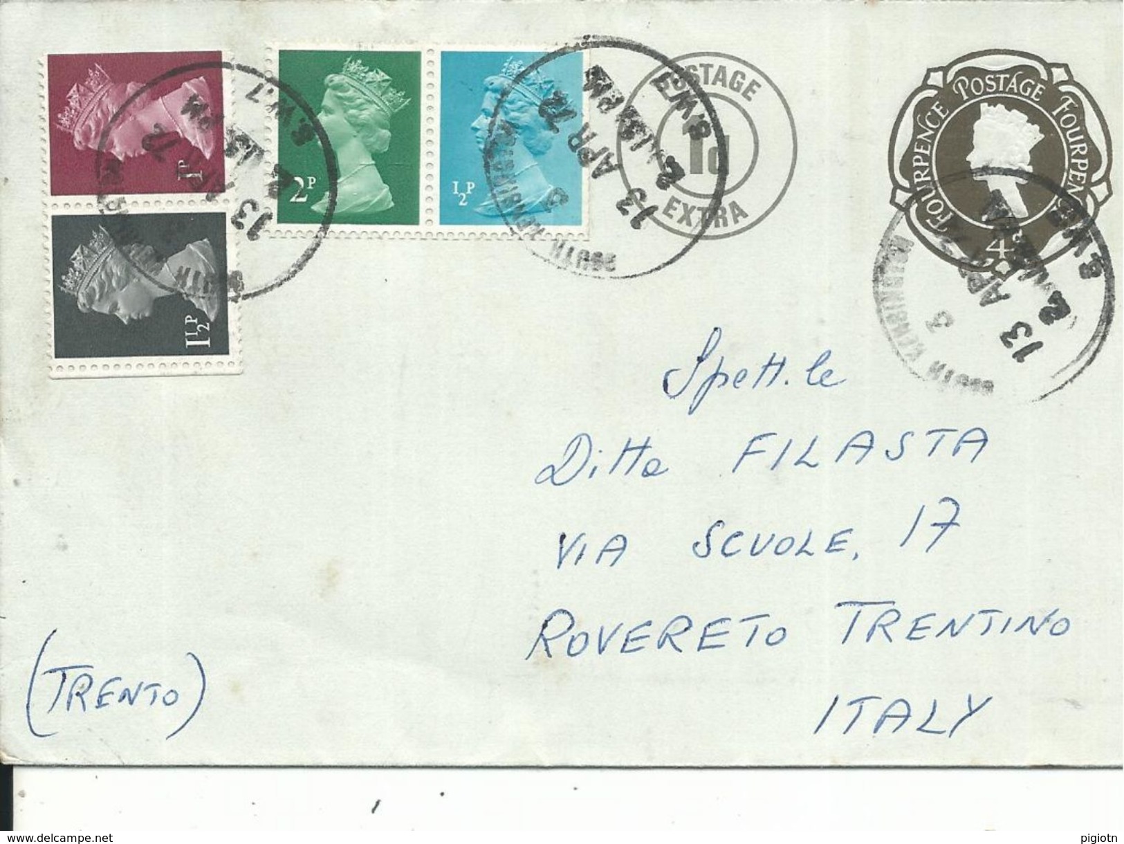 GBR032 -GRAN BRETAGNA - LETTERA DA LONDRA A ROVERETO - 13.4.1972 - N°IP4d+605+606+607+608 - CATALOGO UNIFICATO- - Interi Postali