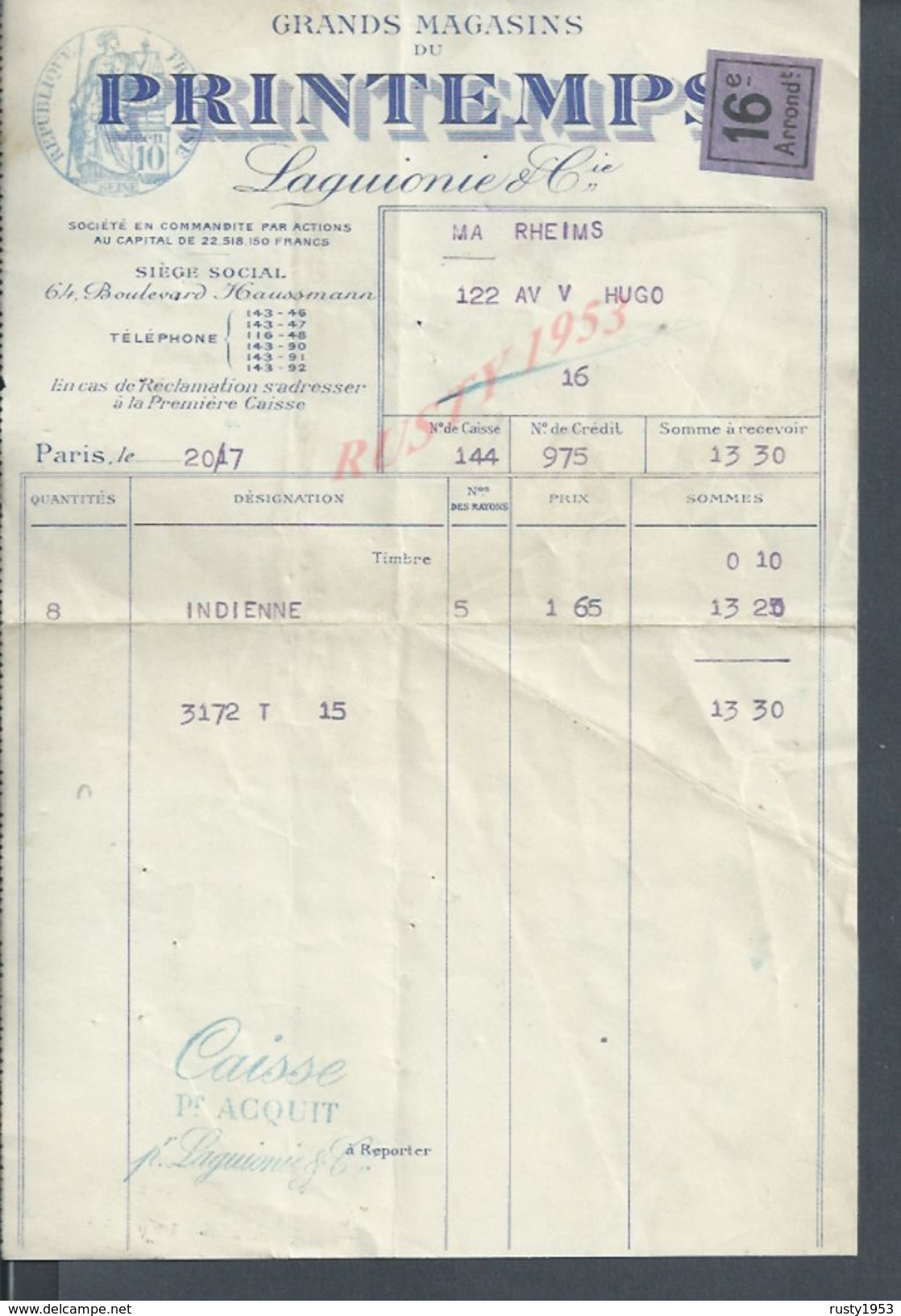 FACTURE DE 1917 LAGUIONIE GRANDS MAGASIN DU PRINTEMPS PARIS BOULEVARD HAUSSMANN : - 1900 – 1949