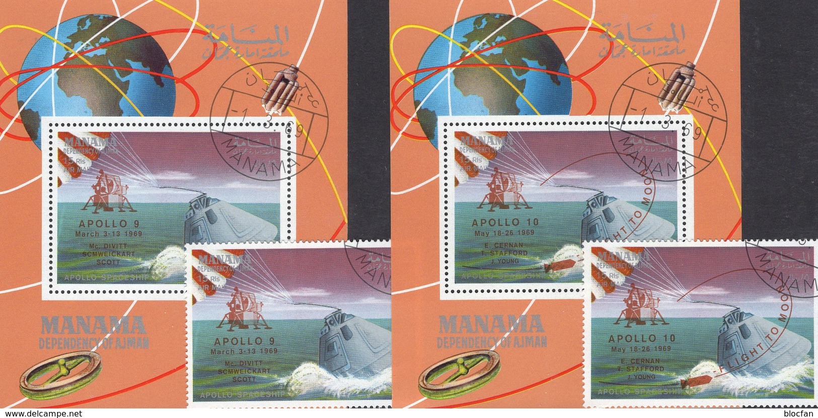 Astronauten 1969 Manama A+B 211,Blocks I+J35 O 60&euro; Raumschiffe Apollo 9+10 Hojas Blocs S/s Spacesphip Sheets Bf VAE - Collections