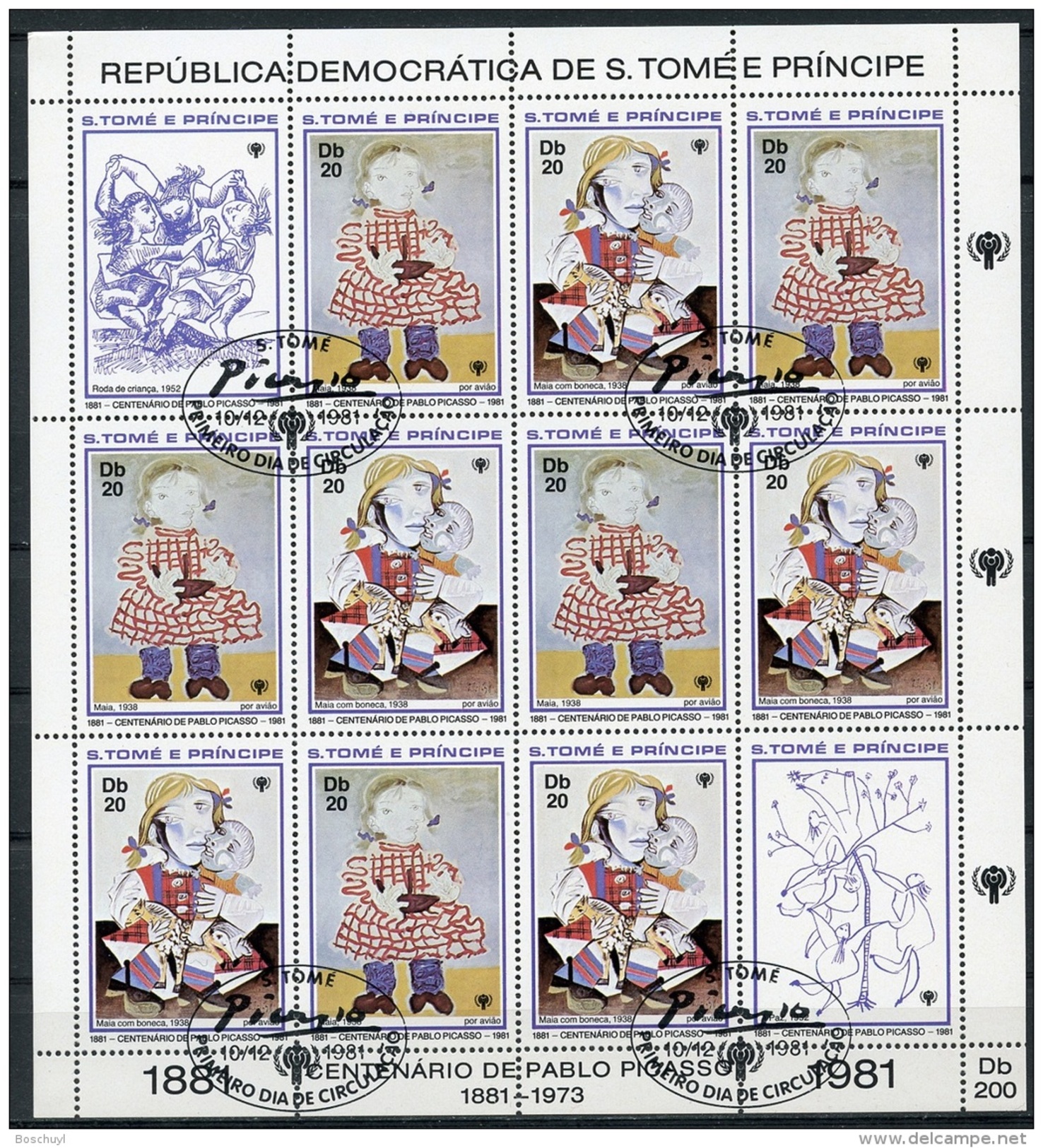 Sao Tome E Principe, 1981, Picasso, International Year Of The Child, IYC, United Nations, Cancelled Sheet, Michel 719-20 - Sao Tome Et Principe