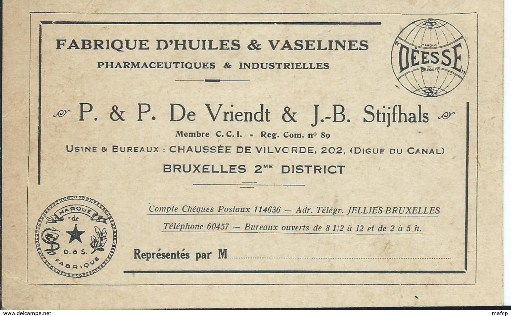 FABRIQUE D HUILES ET VASELINES DE VRIENDT - CHEE DE VILVORDE BRUXELLES 2è - Drogerie & Parfümerie