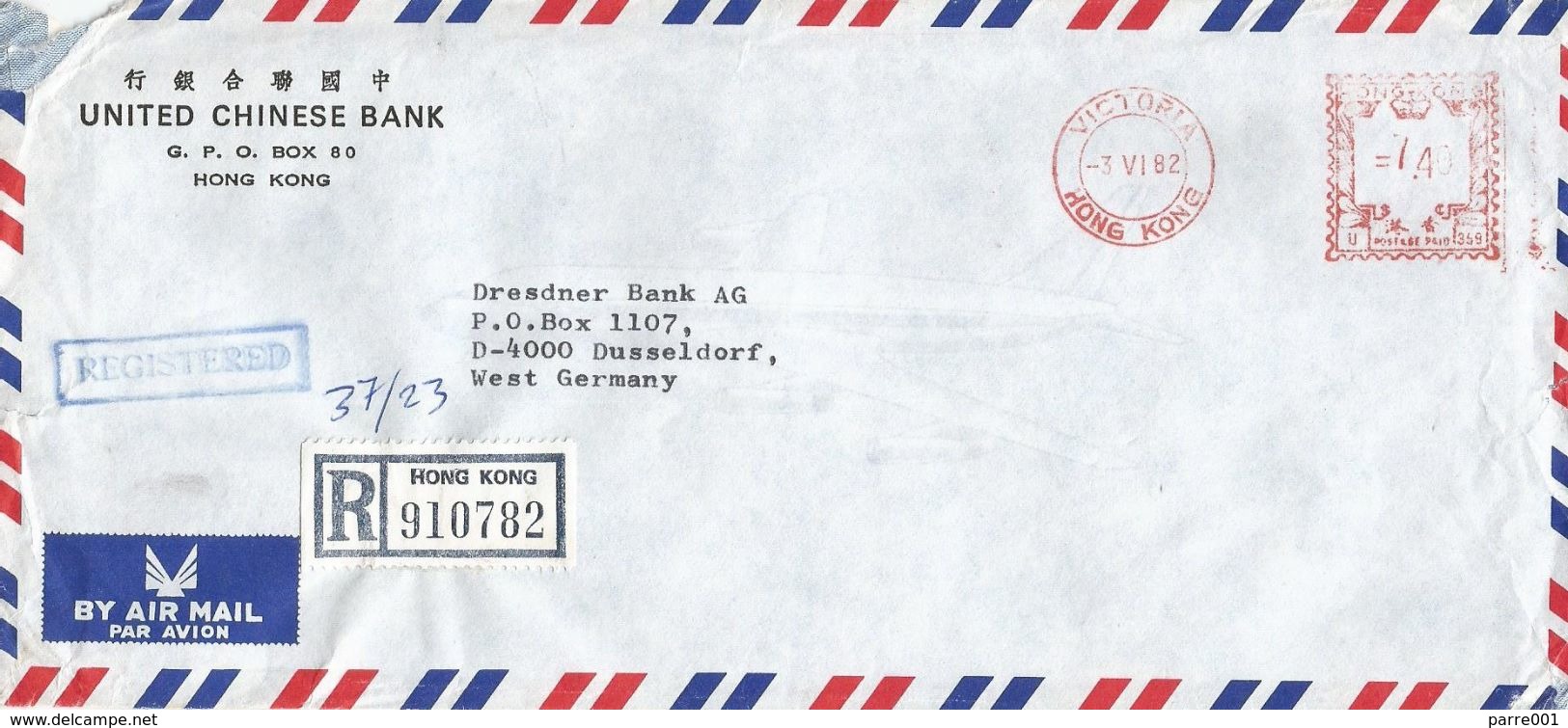 Hong Kong 1982 Victoria United Chinese Bank Meter Franking Universal &ldquo;Automax&rdquo; U 359 Registered Cover - Brieven En Documenten