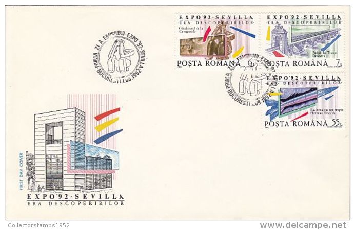 5787FM- SEVILLA'92 UNIVERSAL EXHIBITION, COVER FDC, 1992, ROMANIA - 1992 – Séville (Espagne)