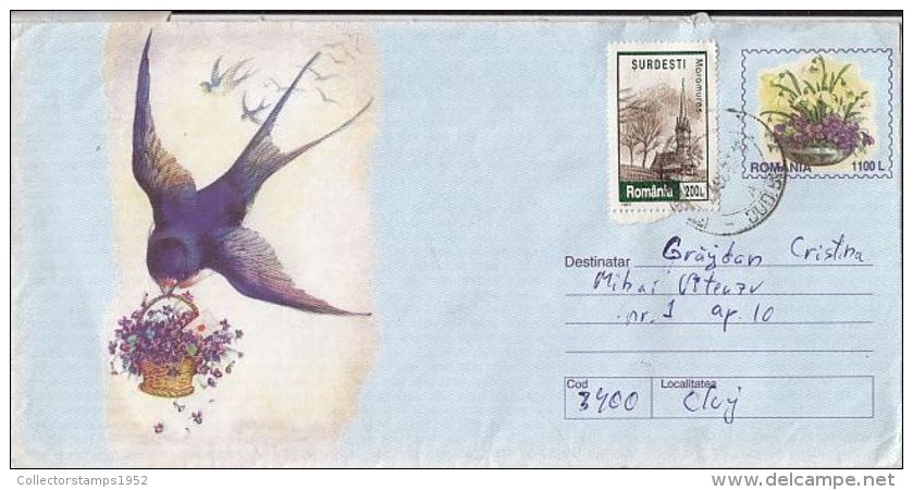 5813FM- SWALLOW, FLOWERS, BIRDS, COVER STATIONERY, 1999, ROMANIA - Hirondelles