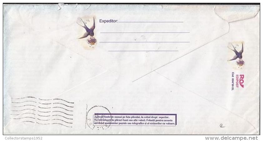 5813FM- SWALLOW, FLOWERS, BIRDS, COVER STATIONERY, 1999, ROMANIA - Hirondelles