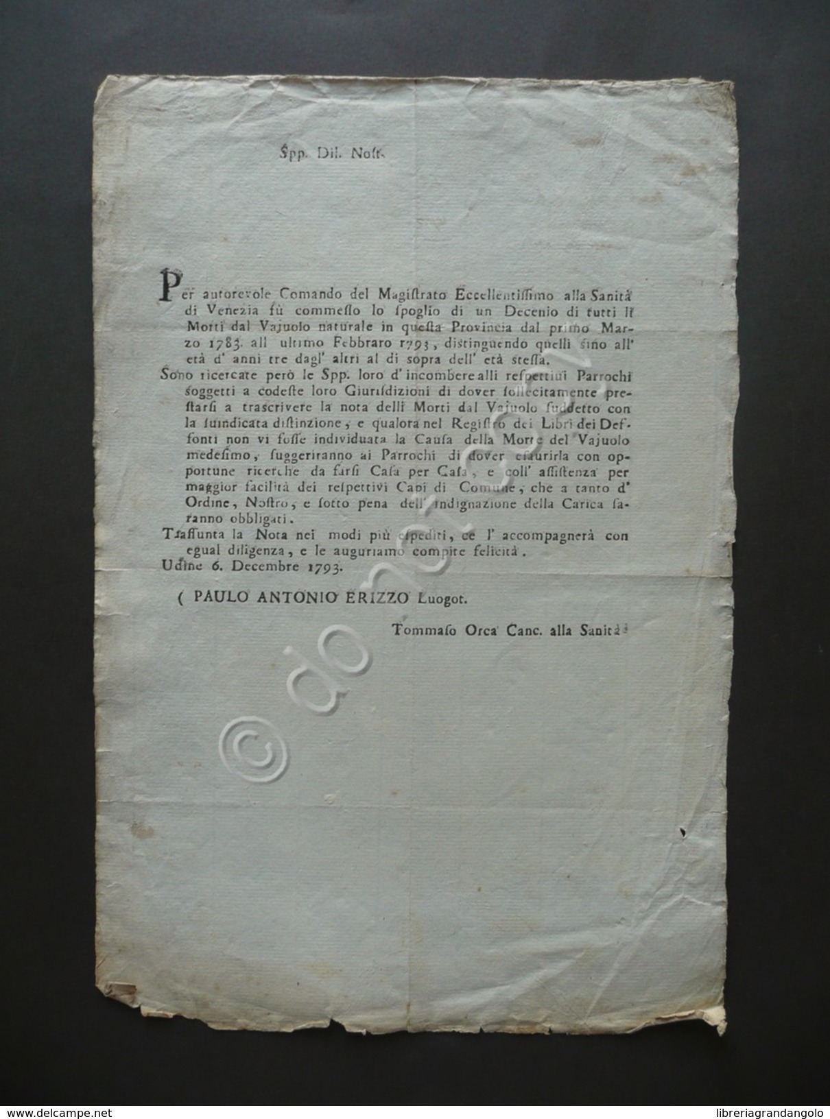 Disposizioni Udine Sanità Di Venezia Morti Vaiolo Decennio 1783 1793 Malattie - Non Classés