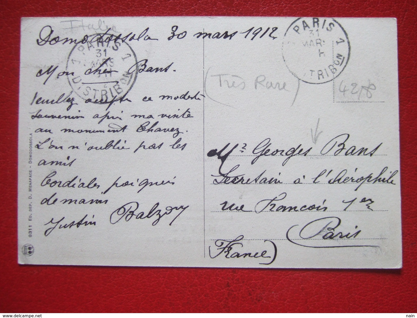 ITALIE -  RICORDO DELLA CADUTA DI CHAVEZ - " DOMODOSSOLA 23-9- 1910 " - " CARTE TRES RARE " - - Other & Unclassified