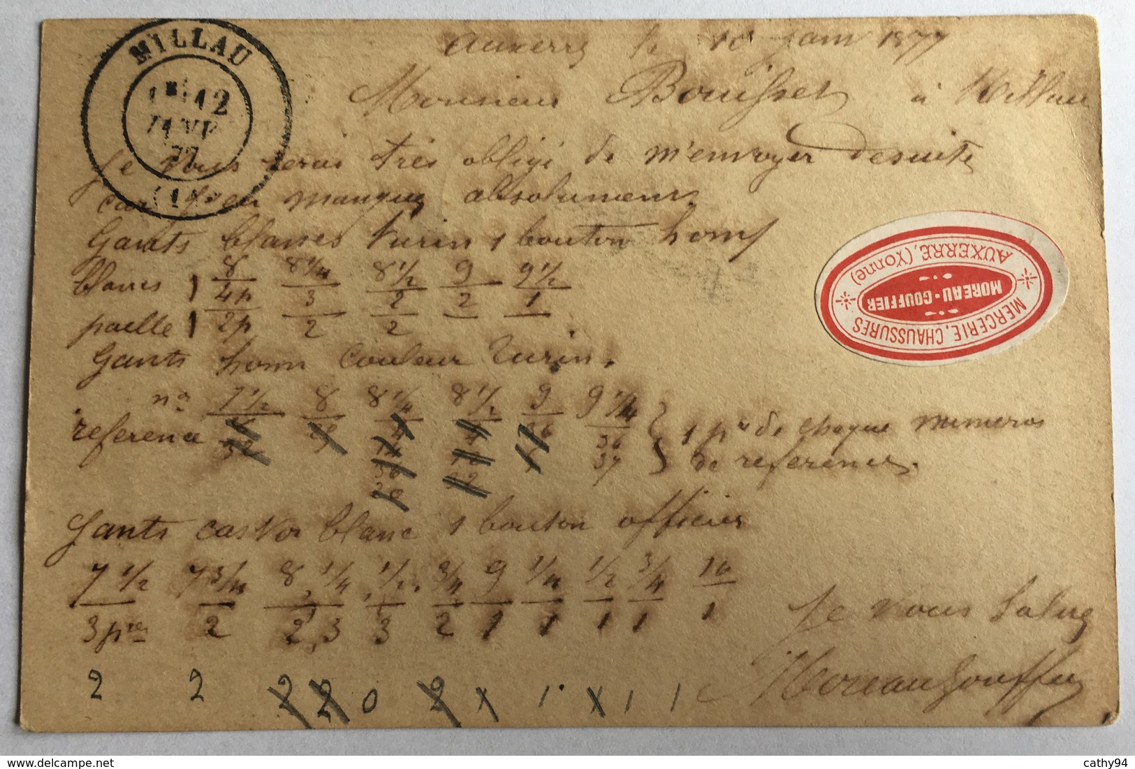 CARTE PRÉCURSEUR De AUXERRE Pour Fabriquant De Gants à MILLAU Affranchissement Type Sage De Janvier 1878 Avec étiquette - Precursor Cards