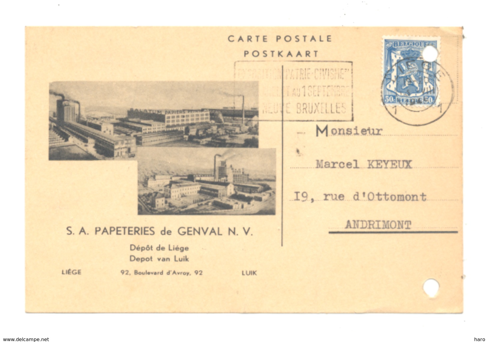 Carte Pré Imprimée - S.A. Papeteries De GENVAL Avec Dessins - Dépôt De Liège - 1945(k) - Autres & Non Classés