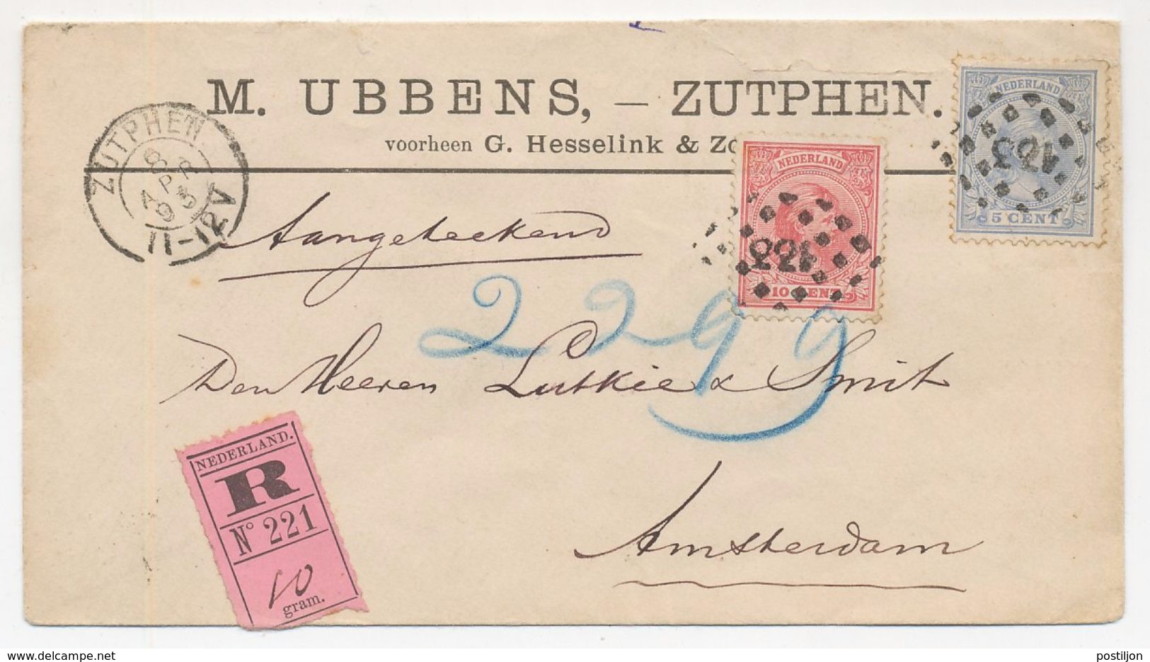 Emissie 1891 Aangetekend Zutphen - Amsterdam 1893 - Covers & Documents