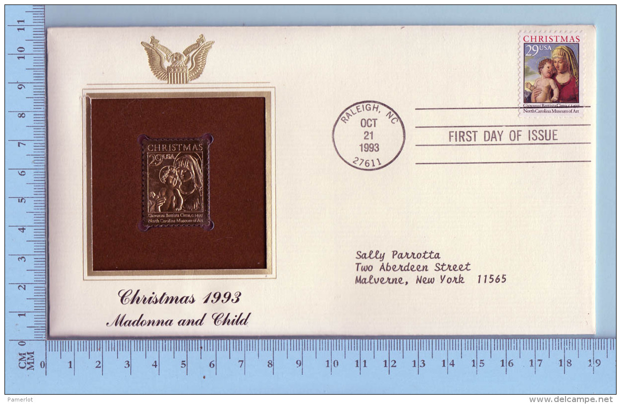 Gold Stamp + Stamp FDC USA  -  Cover Raleigh NC 1993, Christmas , Madona And Child - 2 Scans - 1991-2000