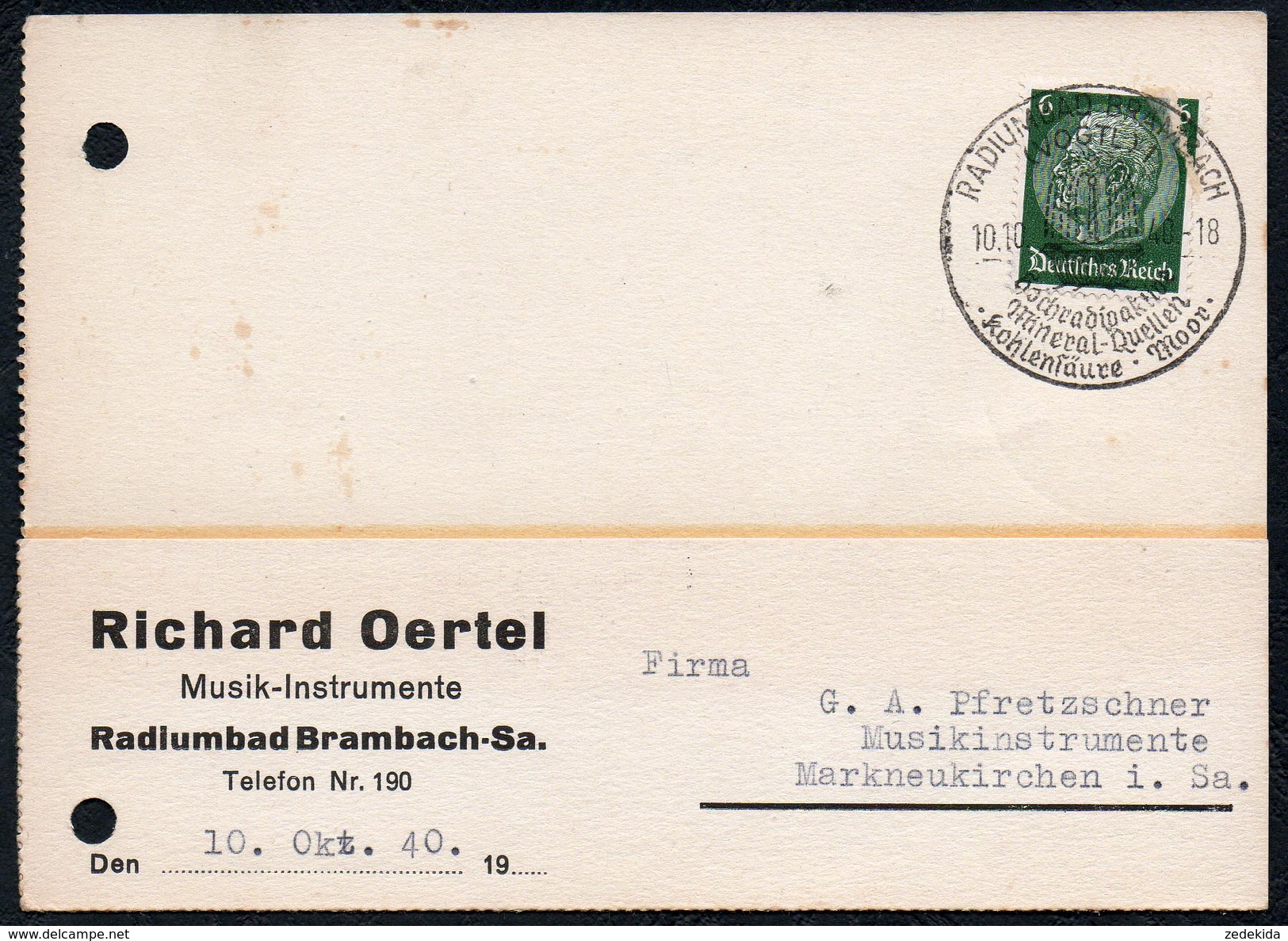 A6595 - Alte Postkarte - Bedarfspost - Bad Brambach - Richard Oertel - Musikinstrumente Nach Markneukirchen 1940 - Briefe U. Dokumente