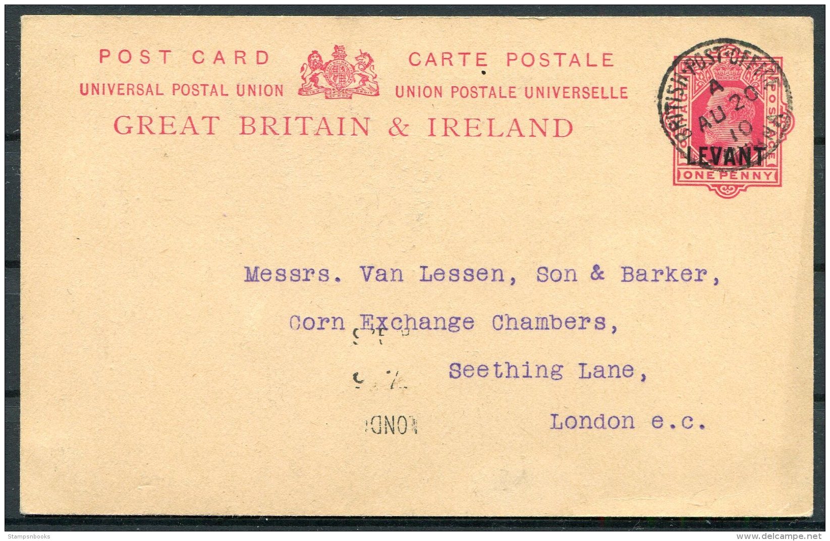 1910 GB British Levant Stationery Postcard, Smyrna - Van Lessen &amp; Barker, London. Canary Bird Seed, Millet Merchants - Brits-Levant