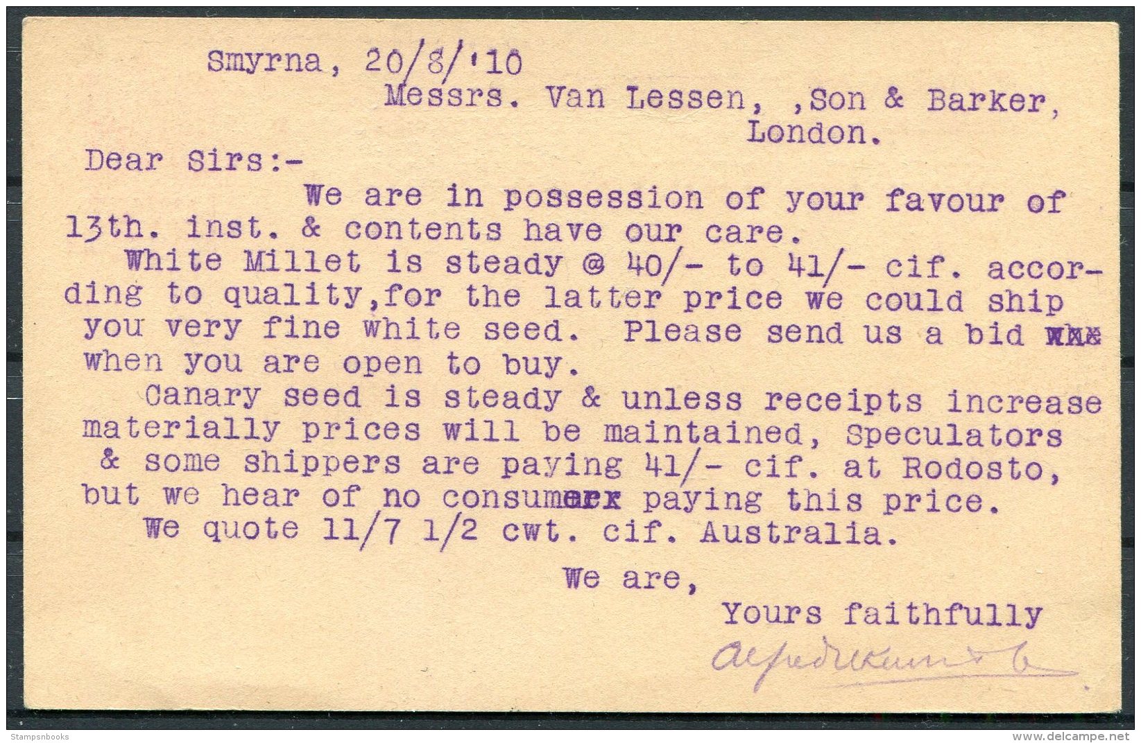 1910 GB British Levant Stationery Postcard, Smyrna - Van Lessen &amp; Barker, London. Canary Bird Seed, Millet Merchants - British Levant