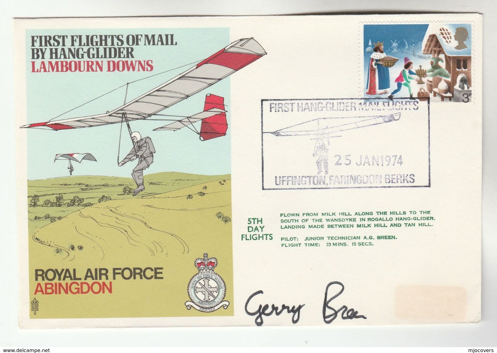 1974 MILL HILL WANSDYKE - SIGNED HANG GLIDER FLIGHT COVER Stamps Aviation Hang Gliding Sport Gb - Other & Unclassified