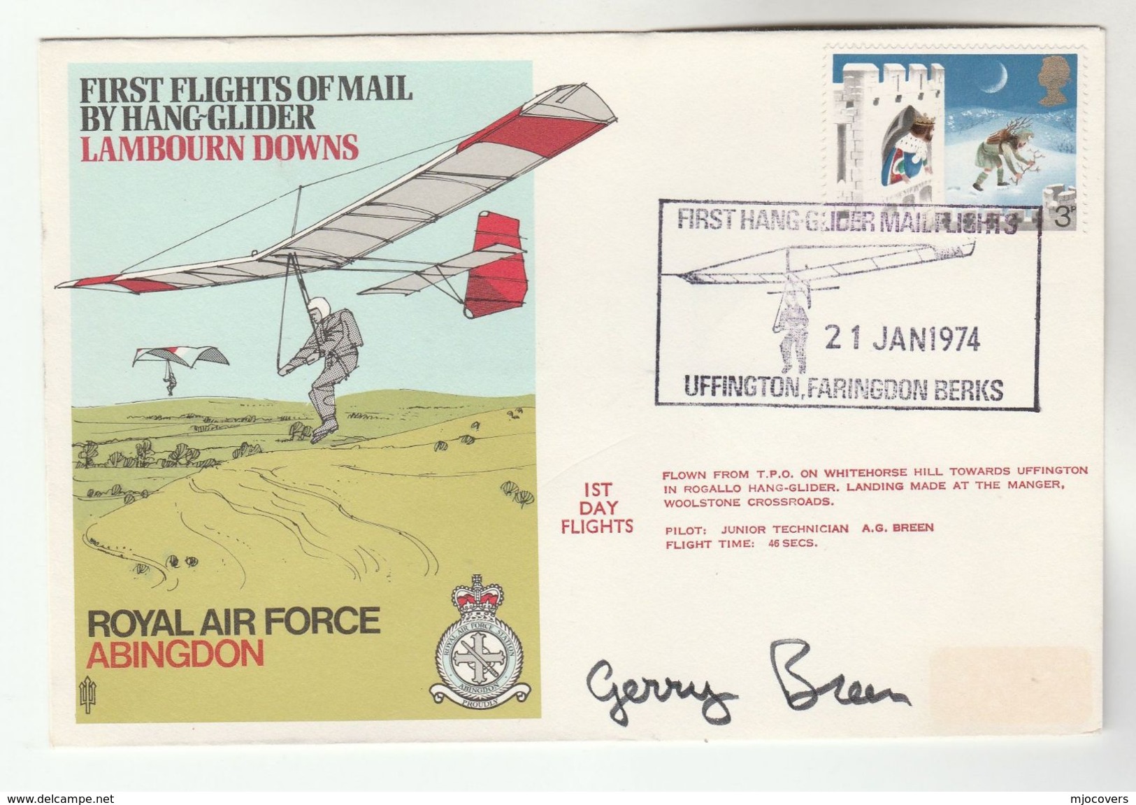 1974 WHITEHORSE HILL UFFINGTON - SIGNED HANG GLIDER FLIGHT COVER  Stamps Aviation Hang Gliding Sport Gb - Other & Unclassified