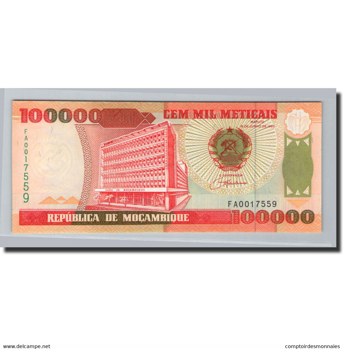 Billet, Mozambique, 100,000 Meticais, 1993, 1993-06-16, KM:139, NEUF - Mozambique