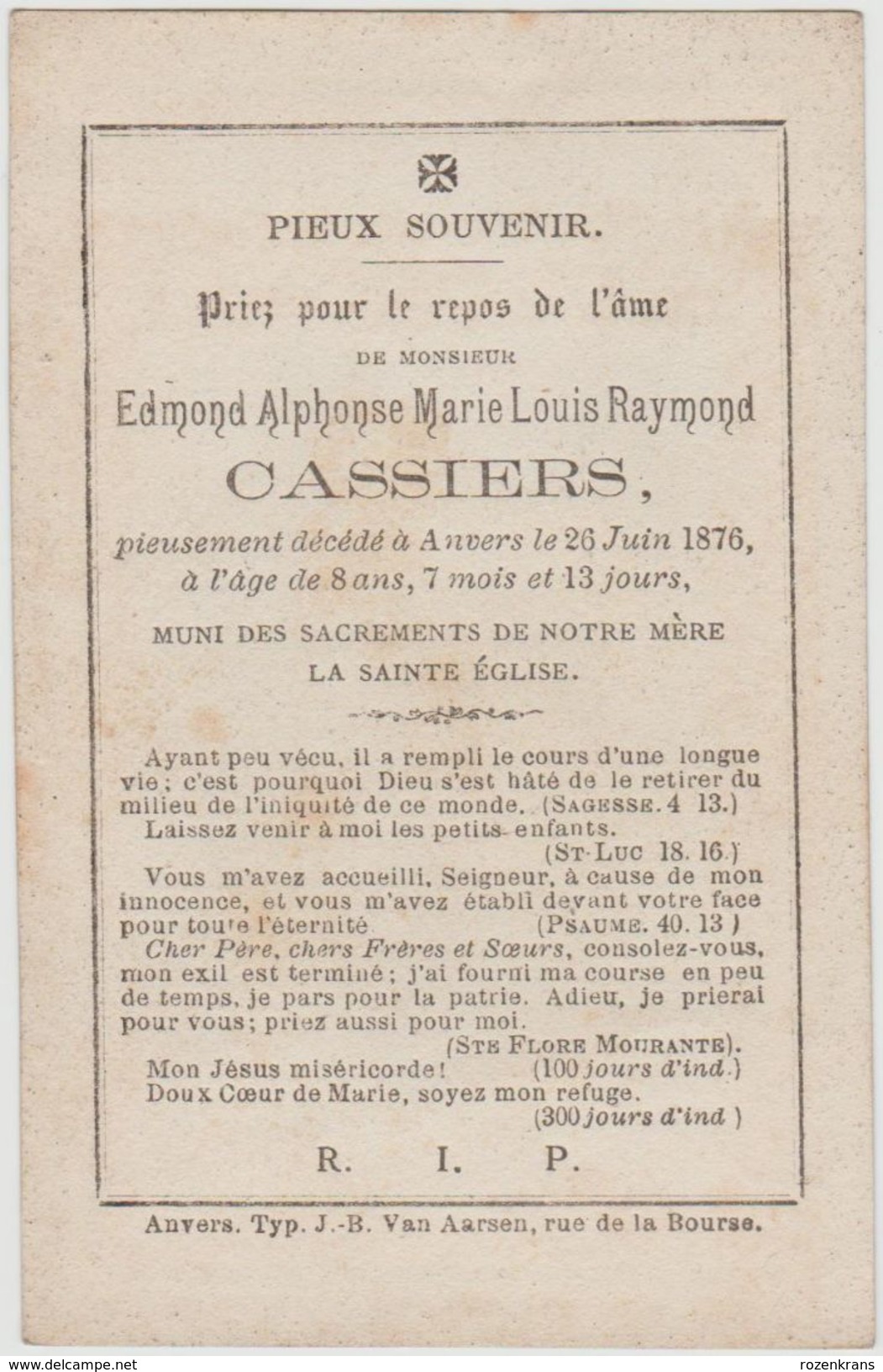 Edmond Cassiers Anvers 1868 1876 Zeer Oud Doodsprentje Image Mortuaire Bidprentje (In Zeer Goede Staat) - Images Religieuses