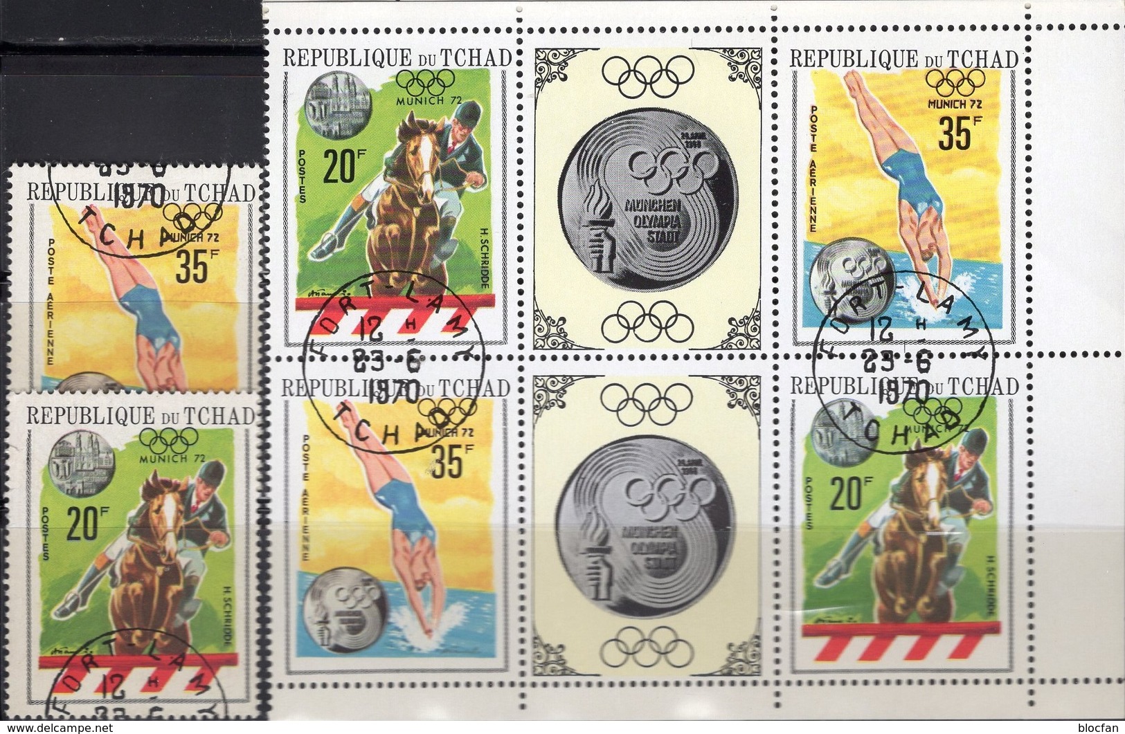 Olympiade München 1972 Tschad 328/9+Kleinbogen O 10&euro; Turm-Springen Springreiten Bloc Olympics M/s Sheetlet Bf Tchad - Tuffi