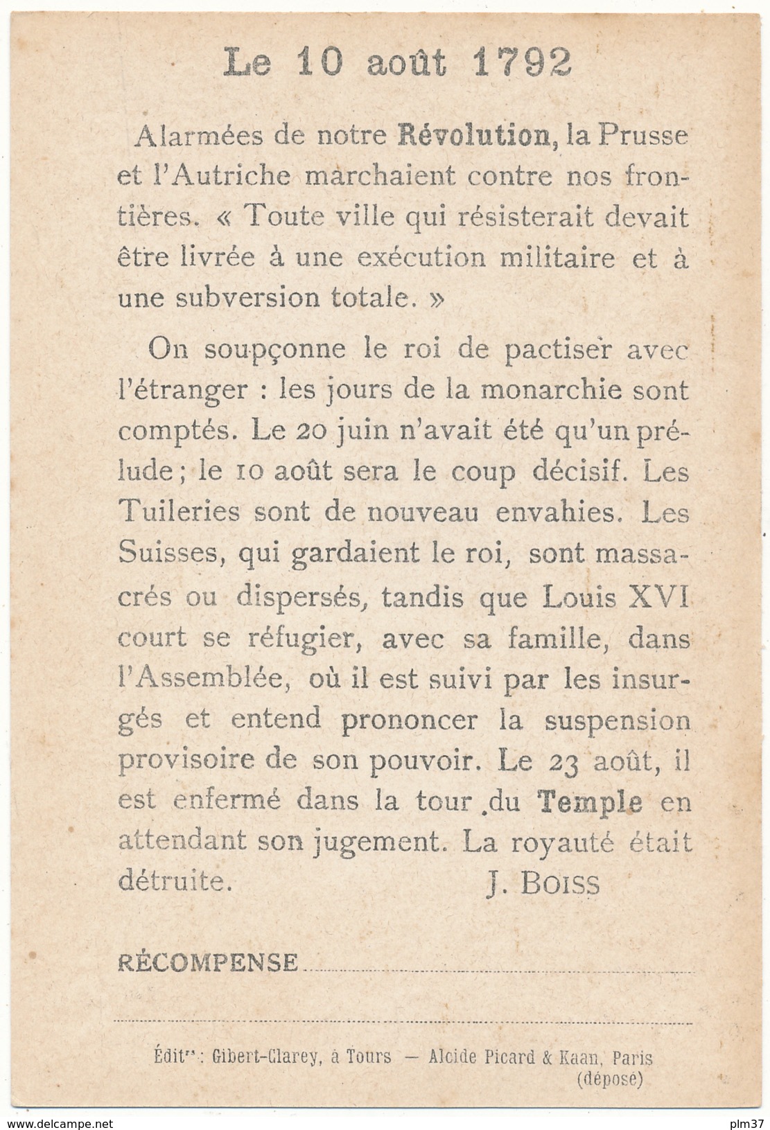Chromo Récompense Scolaire - Histoire De France - Le 10 Août 1792 - Gibert Clarey, Tours - Artis Historia