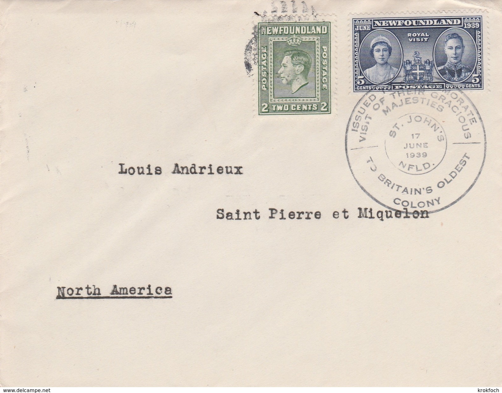 St John's Newfoundland 1939 -  Visit Of The King - Cover To Saint-Pierre Et Miquelon - Letter Brief Lettre - Histoire Postale