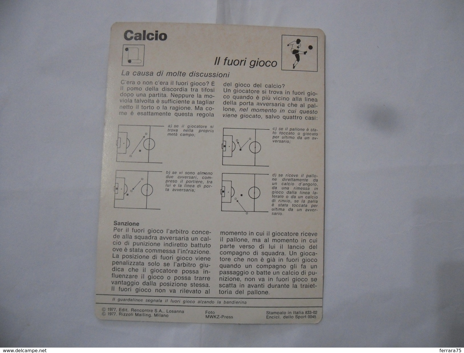 CALCIO IL FUORI GIOCO SCHEDA TECNICA  EDIZIONE RIZZOLI 1977. - Altri & Non Classificati