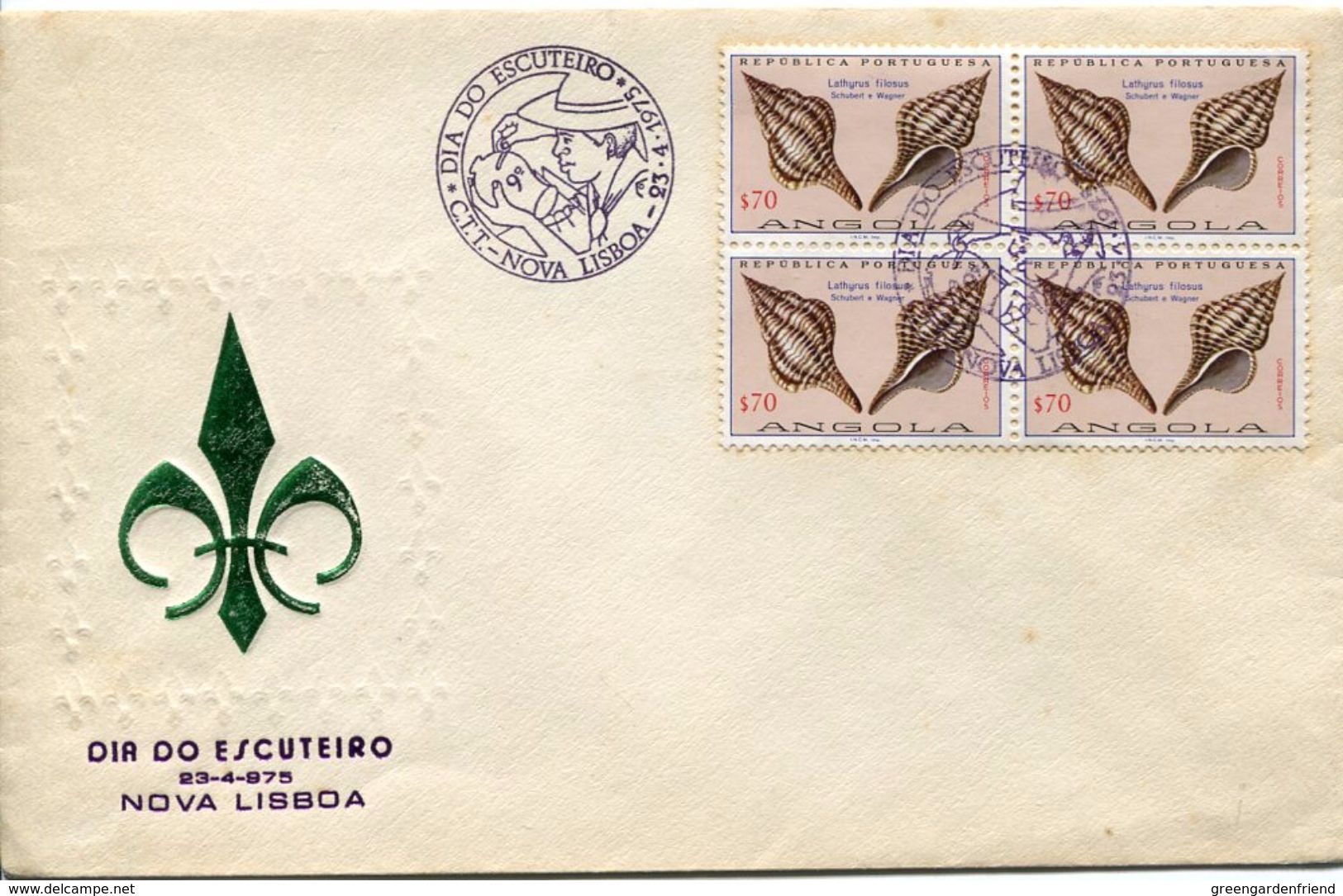 24772 Angola, Special Postmark 1975 With  Bloc Of 4 Coquillage, Sheels, Muscheln - Coneshells