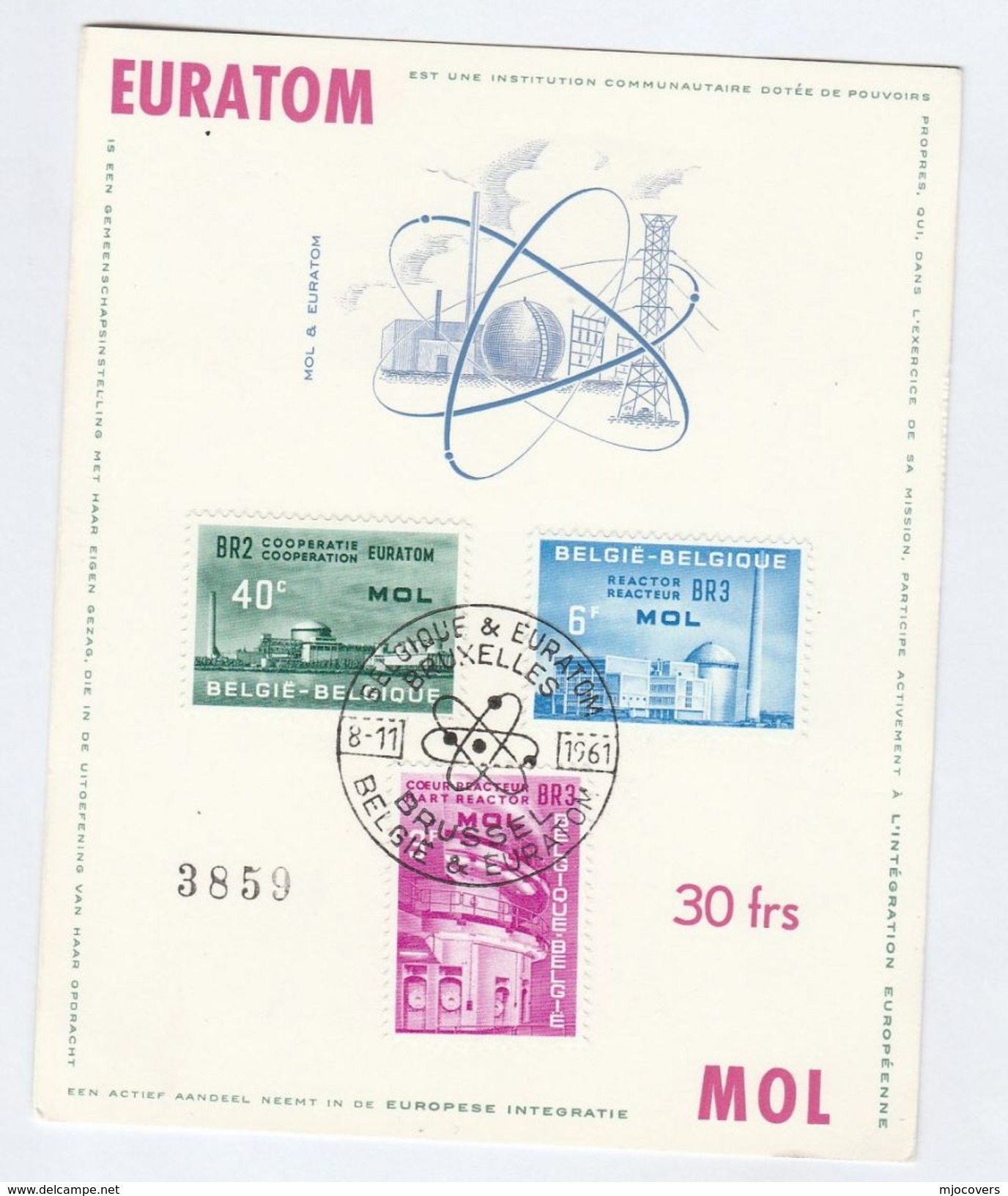 1961 BELGIUM SPECIAL FDC (card) ATOMIC EURATOM Nuclear Energy Stamps Cover - Atome