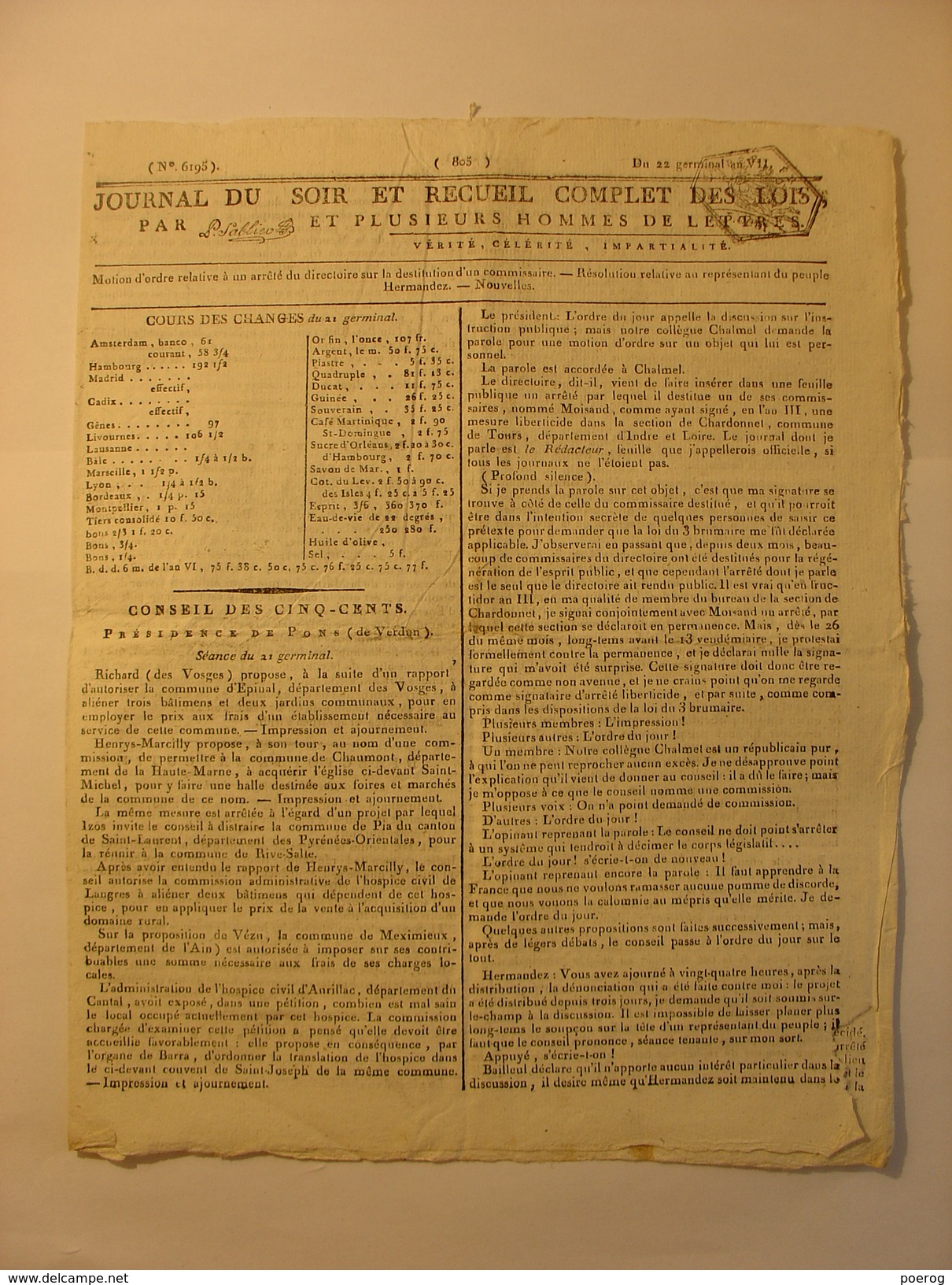 JOURNAL DU SOIR DU 22 GERMINAL AN VII (11 AVRIL 1799) - CHATEAU DE MONT BOISSIERS - EMIGRES - REPRESENTANT HERMANDEZ - Periódicos - Antes 1800