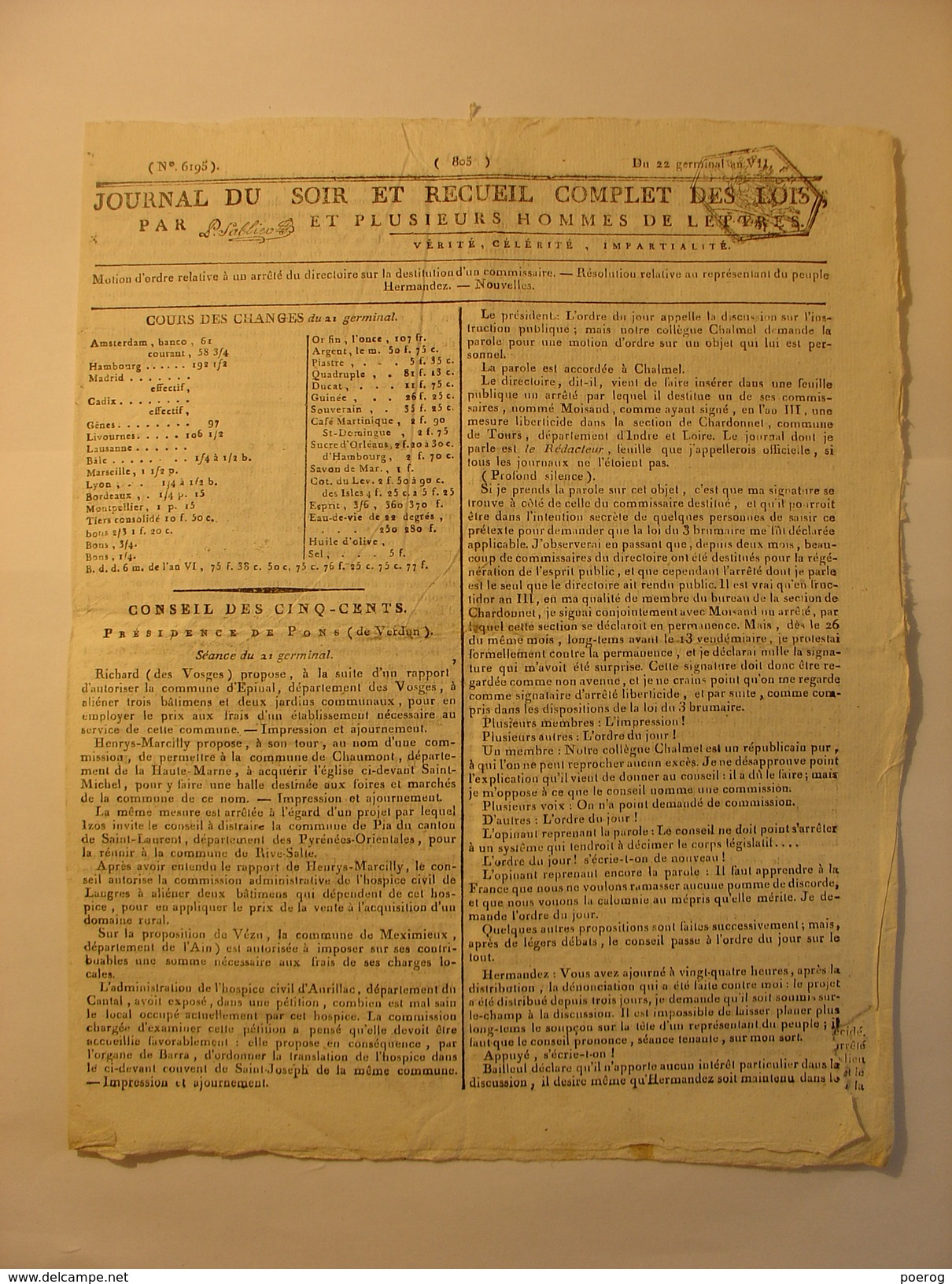 JOURNAL DU SOIR DU 22 GERMINAL AN VII (11 AVRIL 1799) - CHATEAU DE MONT BOISSIERS - EMIGRES - REPRESENTANT HERMANDEZ - Zeitungen - Vor 1800