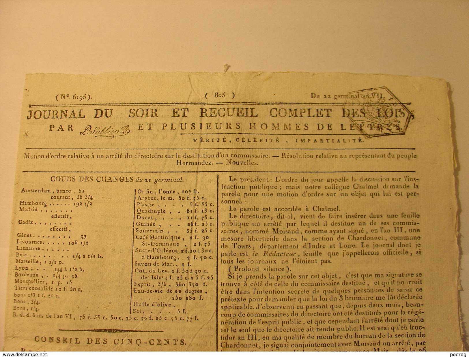 JOURNAL DU SOIR DU 22 GERMINAL AN VII (11 AVRIL 1799) - CHATEAU DE MONT BOISSIERS - EMIGRES - REPRESENTANT HERMANDEZ - Periódicos - Antes 1800