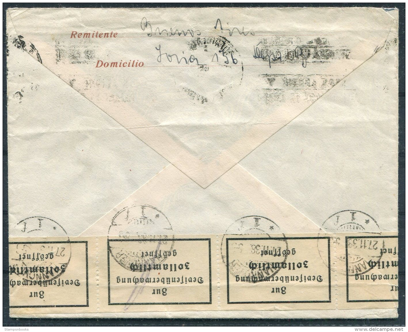 1938 Argentina Buenos Aires Stationery Cover - Hannover, Germany. Currency Control Tape - Covers & Documents