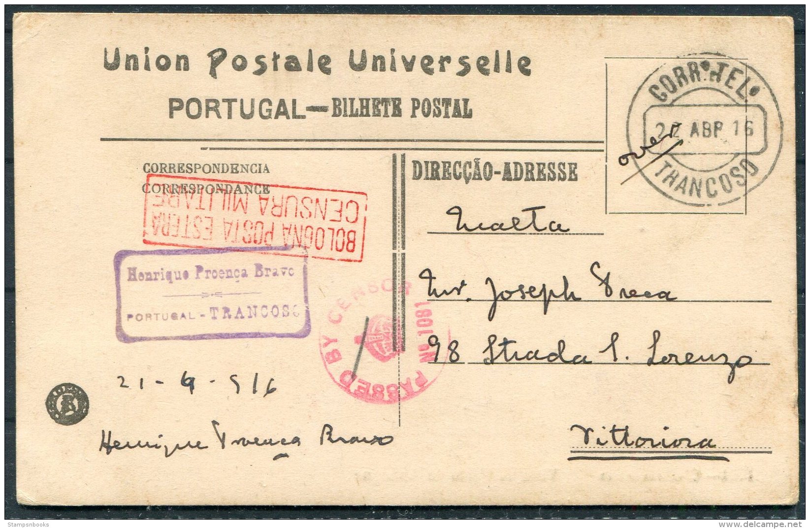 1916 Portugal Coimbra Postcard Trancoso - Malta. British + Bologna Censor - Covers & Documents