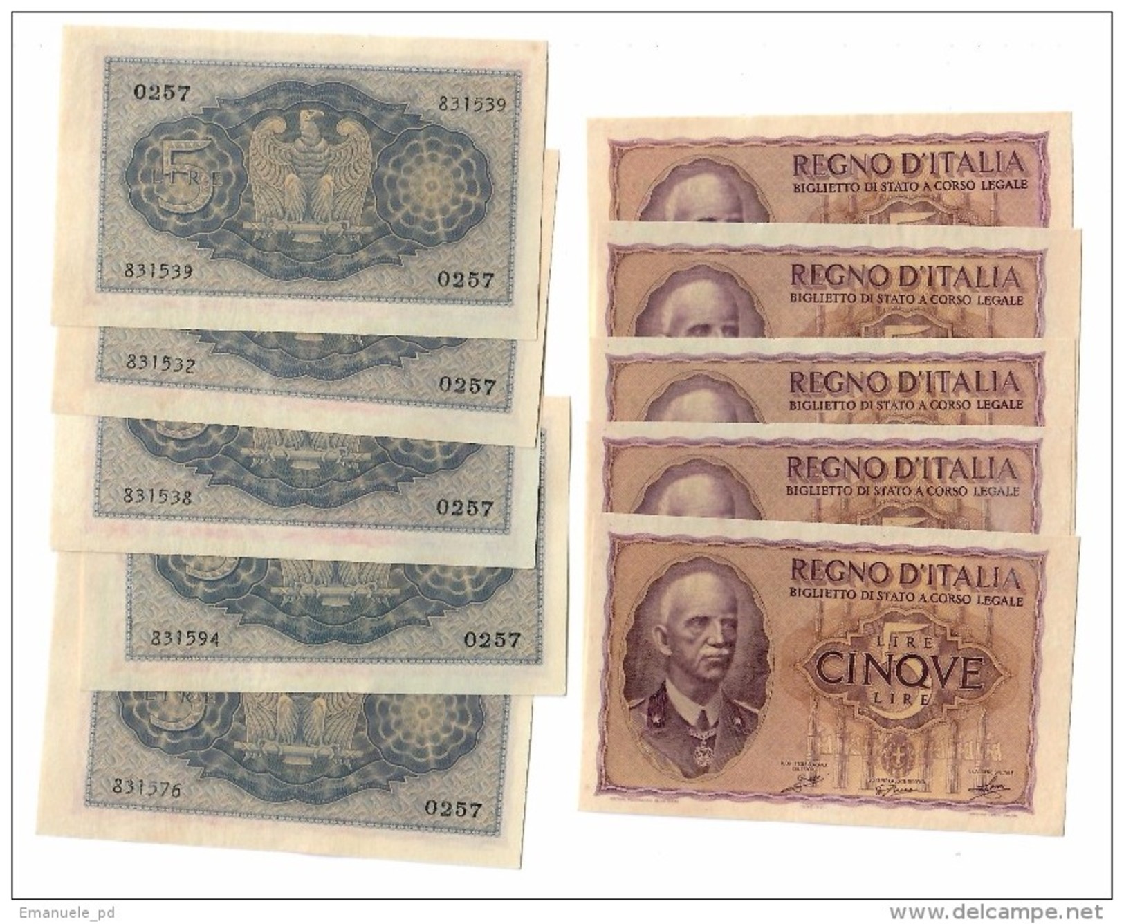 Italy 5 Lire 1940 Da Mazzetta SUP/FDS - From Bundle AUNC/AUNC - Price Prezzo 1 Banknote - Italië– 5 Lire