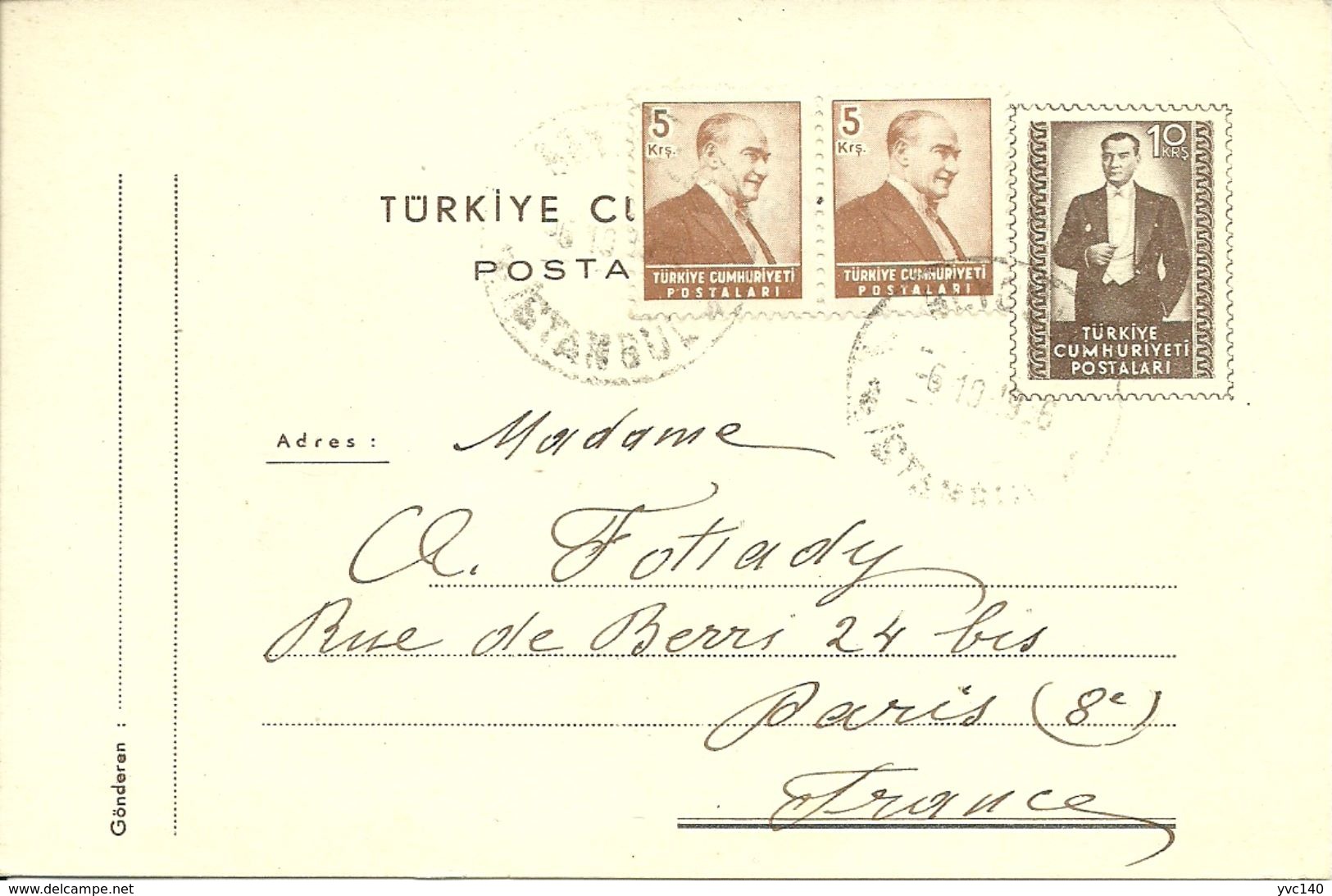 Turkey; 1955 Postal Stationery Sent To Paris - Postal Stationery