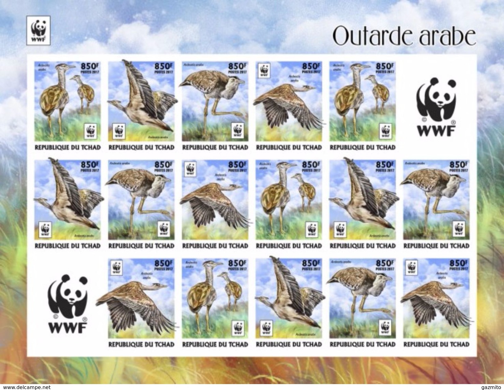 Tchad 2017, WWF, Bird, Outarde Arabe, 4val X3 In Sheetlet IMPERFORATED - Unused Stamps