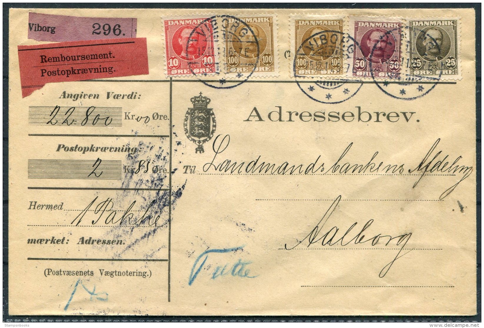 1911 Denmark Viborg Adressebrev - Aalborg. 2kr 85ore Frederik 8th Remboursement - Lettres & Documents