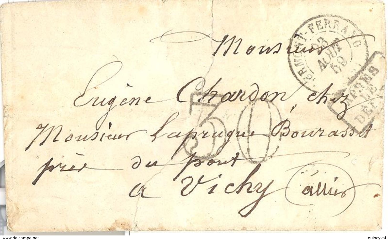 1586 CLERMONT FERRAND Puy De Dôme Lettre Entière APRES LE DEPART Taxe 30 Double Trait - 1849-1876: Periodo Clásico